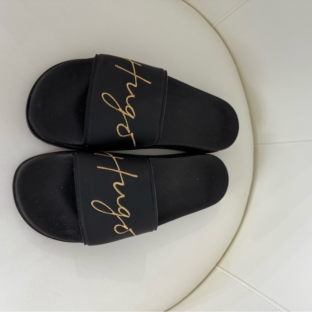 HUGO Black Slides with Gold Script